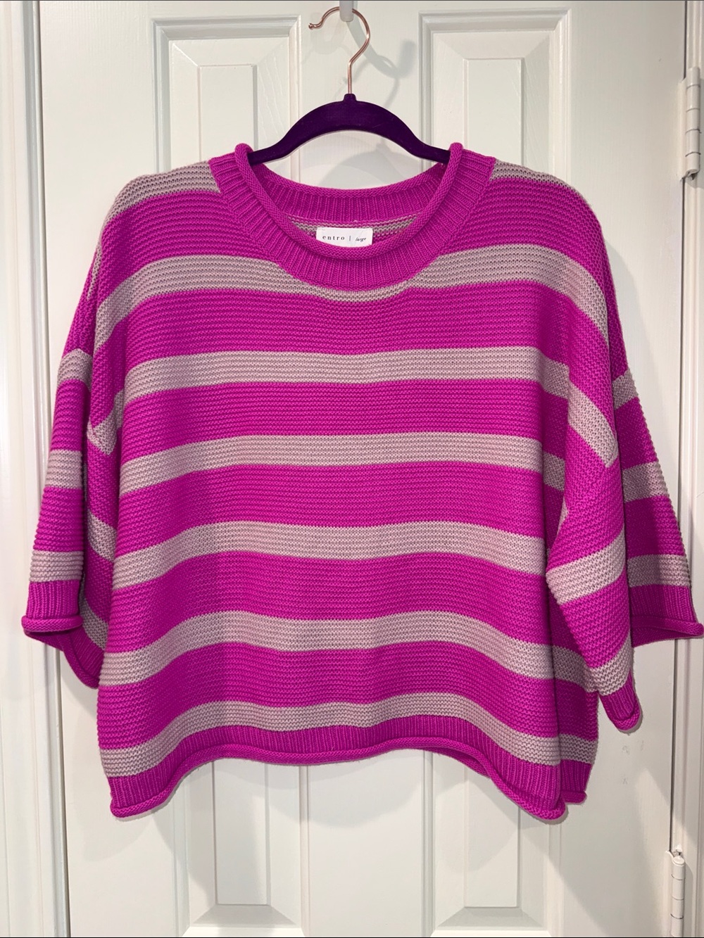 entro Fuchsia and Gray Striped Crewneck Sweater